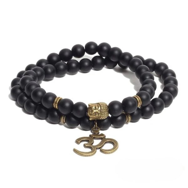 Natural Black Matte Agate Om Buddha Bracelet