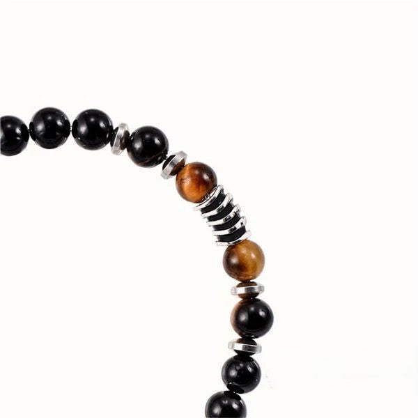 Natural Tiger Eye & Black Onyx Stone Stainless Steel Bracelet