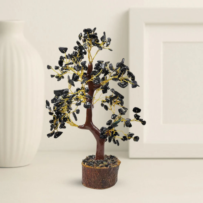 Natural Black Obsidian 300 Chips Crystal Tree with Wooden Base