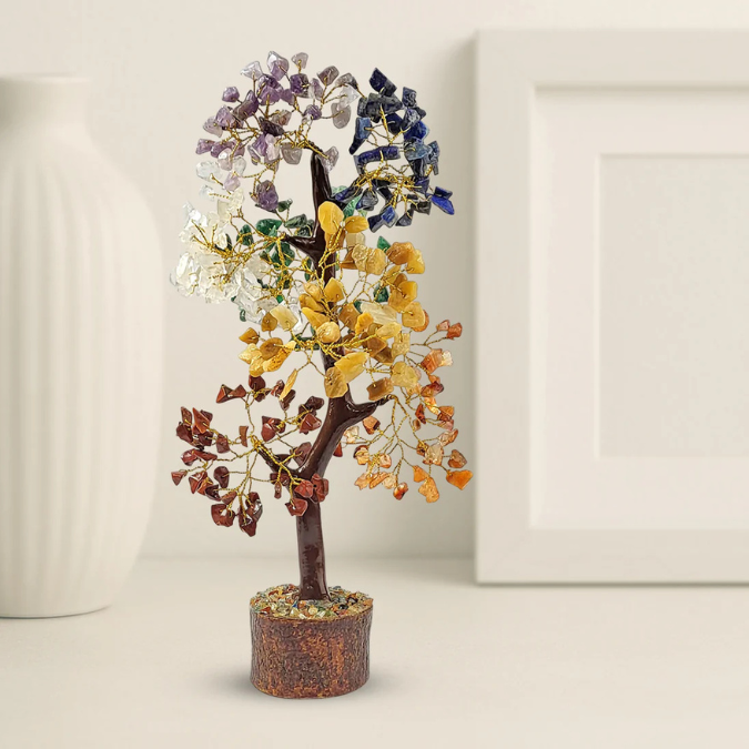 Natural 7 Chakra 300 Chips Crystal Tree with Wooden Base