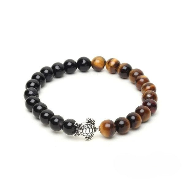 Natural Tiger Eye & Black Onyx Stone Turtle Good Luck Bracelet