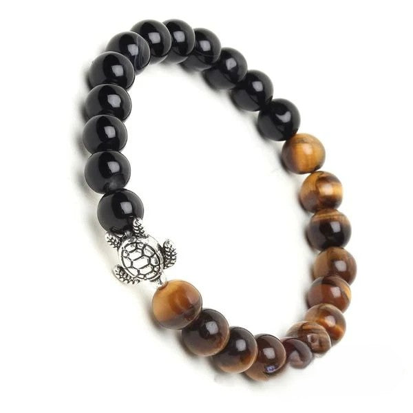Natural Tiger Eye & Black Onyx Stone Turtle Good Luck Bracelet