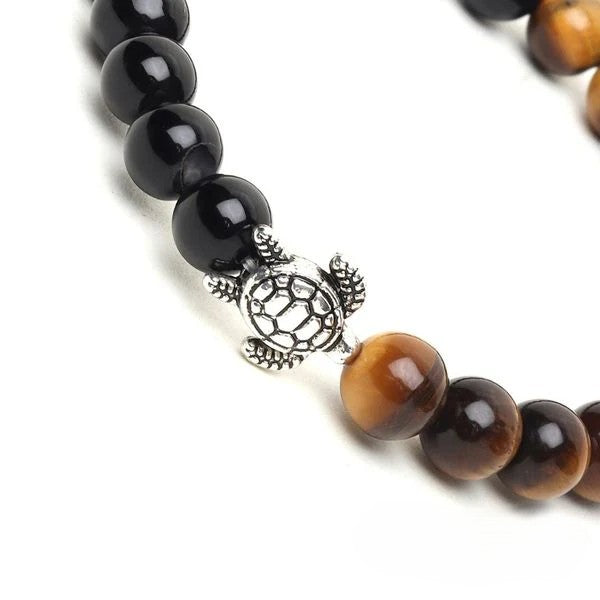 Natural Tiger Eye & Black Onyx Stone Turtle Good Luck Bracelet