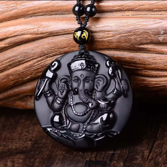 Natural Black Obsidian Stone Hand Carved Ganesha Goodluck Pendant
