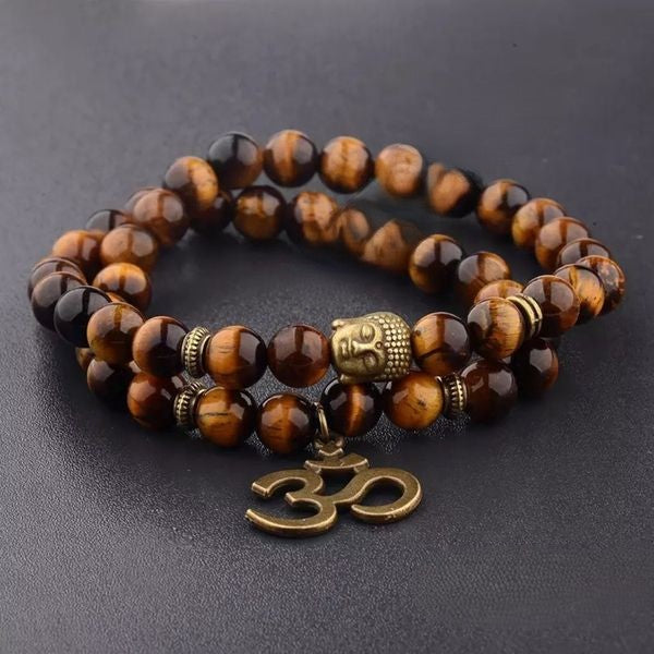 Natural Tiger Eye Stone Om Buddha Bracelet