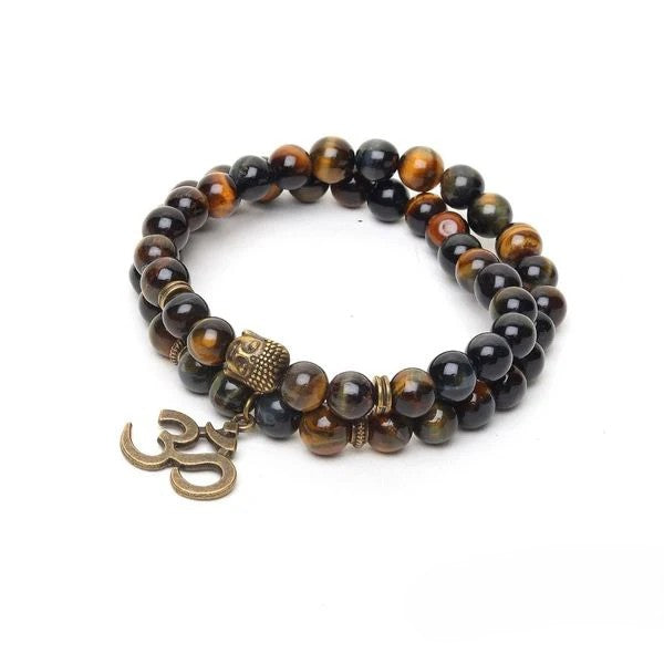 Natural Mix Tiger Eye Om Buddha Bracelet