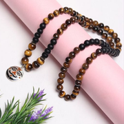 Original Silver Salasar Balaji Pendant With Tiger Eye & Matt Black Agate Mala