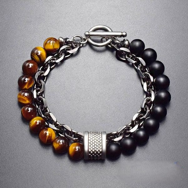 Natural Tiger Eye & Matt Agate Stone Stainless Steel Bracelet