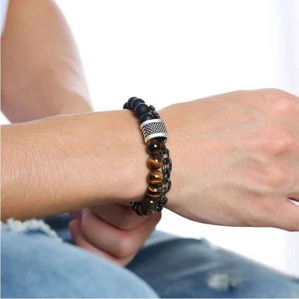 Natural Tiger Eye & Matt Agate Stone Stainless Steel Bracelet