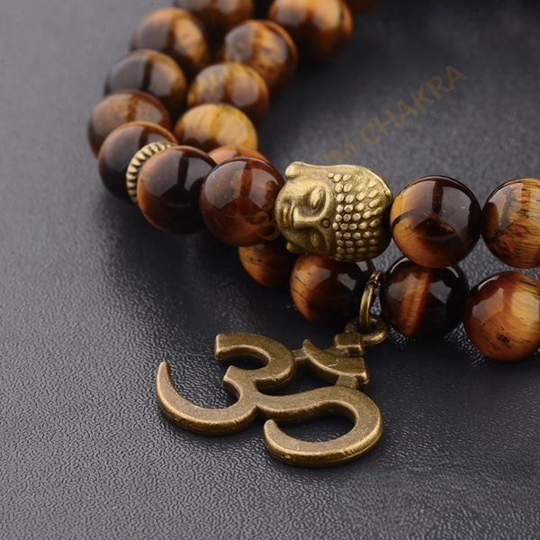Natural Tiger Eye Stone Om Buddha Bracelet