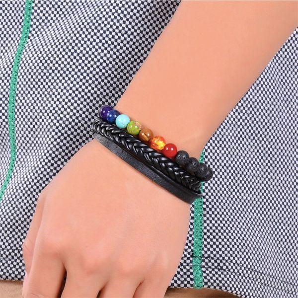 Natural 7 Chakra Healing Lava Stone Leather Bracelet