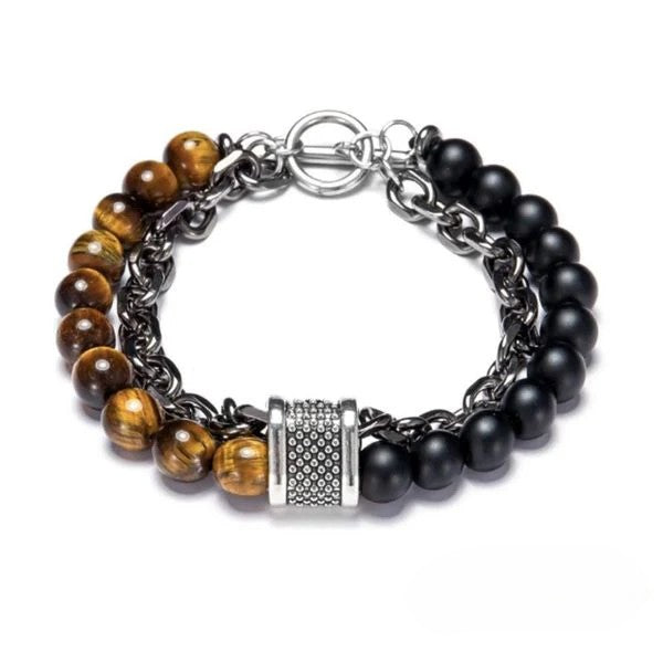 Natural Tiger Eye & Matt Agate Stone Stainless Steel Bracelet
