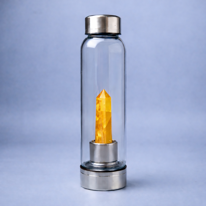 Natural Citrine Pencil With Glass Water Bottle