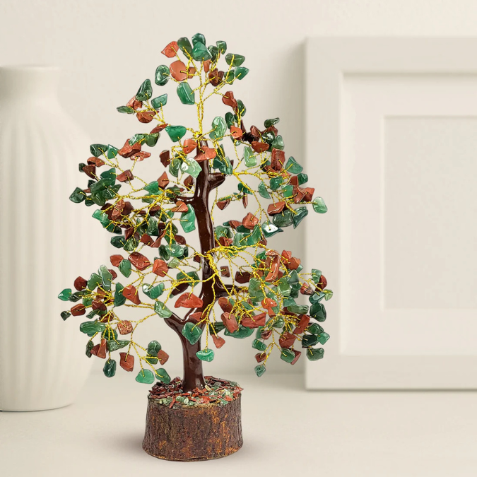 Natural Green Jade & Red Jasper 300 Chips Crystal Tree with Wooden Base