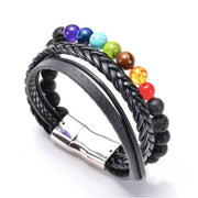Natural 7 Chakra Healing Lava Stone Leather Bracelet