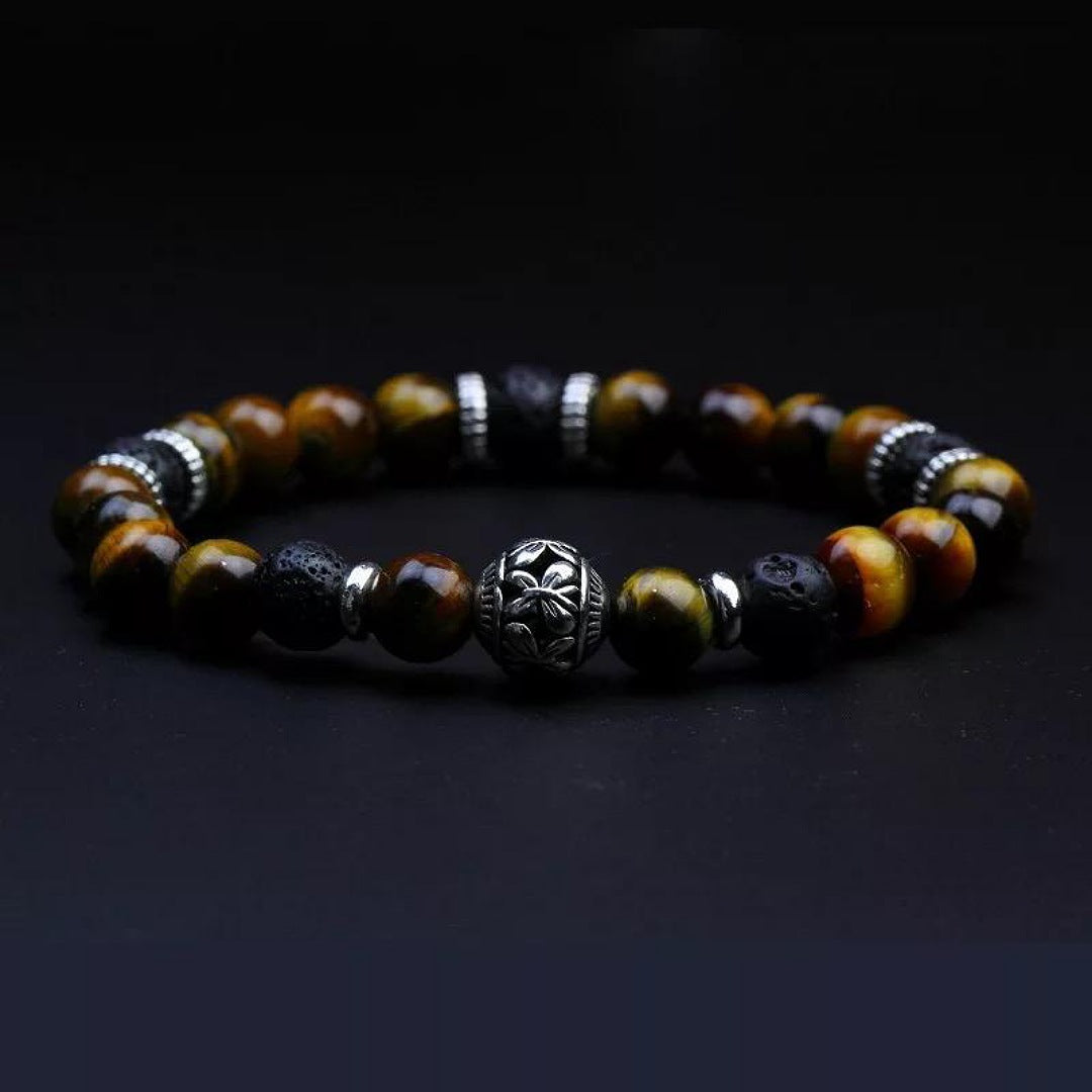 Natural Tiger eye & Lava Stainless steel Pair Wealth Bracelet
