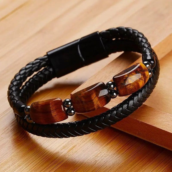 Karj Mukti Tiger Eye & Pyrite Money Manifest Leather Bracelet