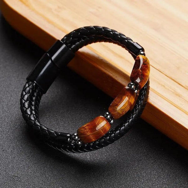 Karj Mukti Tiger Eye & Pyrite Money Manifest Leather Bracelet